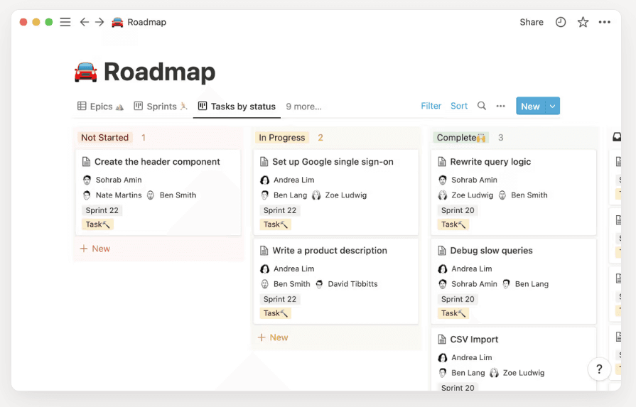 A Notion product roadmap showing tasks by status: not started, in progress, and complete