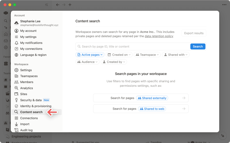 Enterprise workspace owners can use Content Search to locate and restore deleted pages.